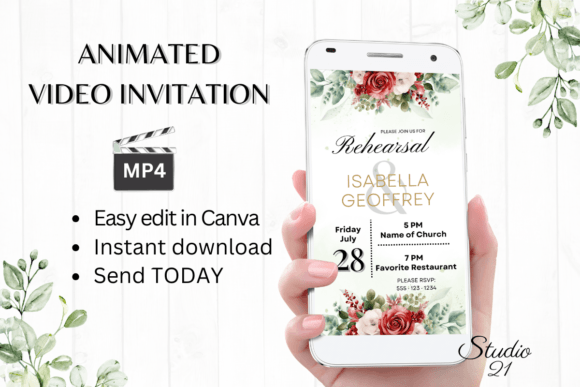 Red Roses Rehearsal Dinner Invite: Elegant Floral Digital Design